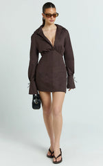 Gino Mini Dress - Collared Button Down Corset Waist Shirt Dress in Chocolate
