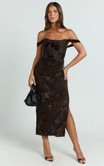 Karlene Midi Dress - Ruched Corset Burnout Dress in Black and Brown