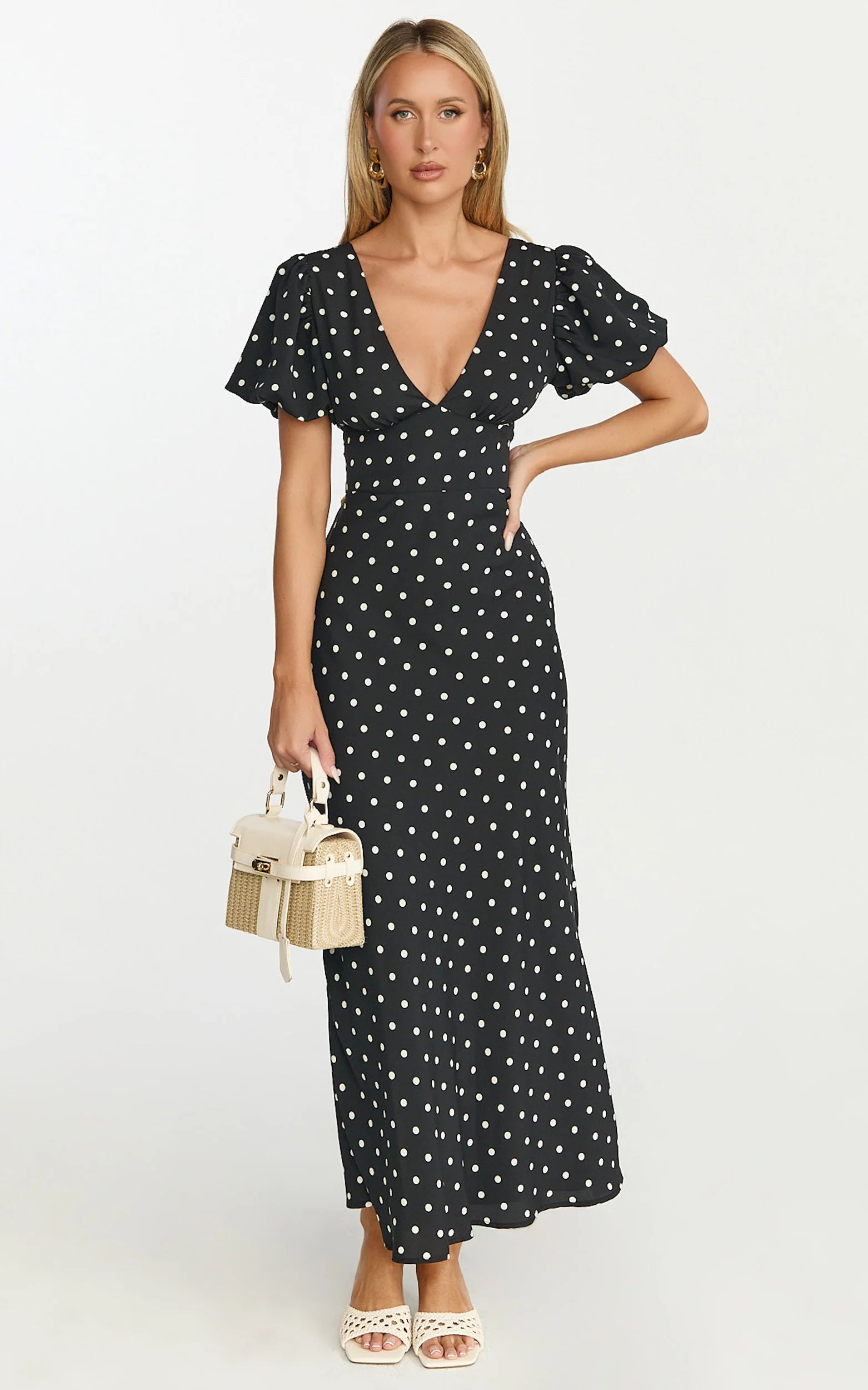 Elise Midi Dress - V Neck Puff Sleeve Dress in Black Polka