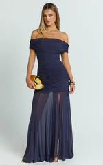 Alanna Maxi Dress - Off Shoulder Ruched Mesh Dress in Ink