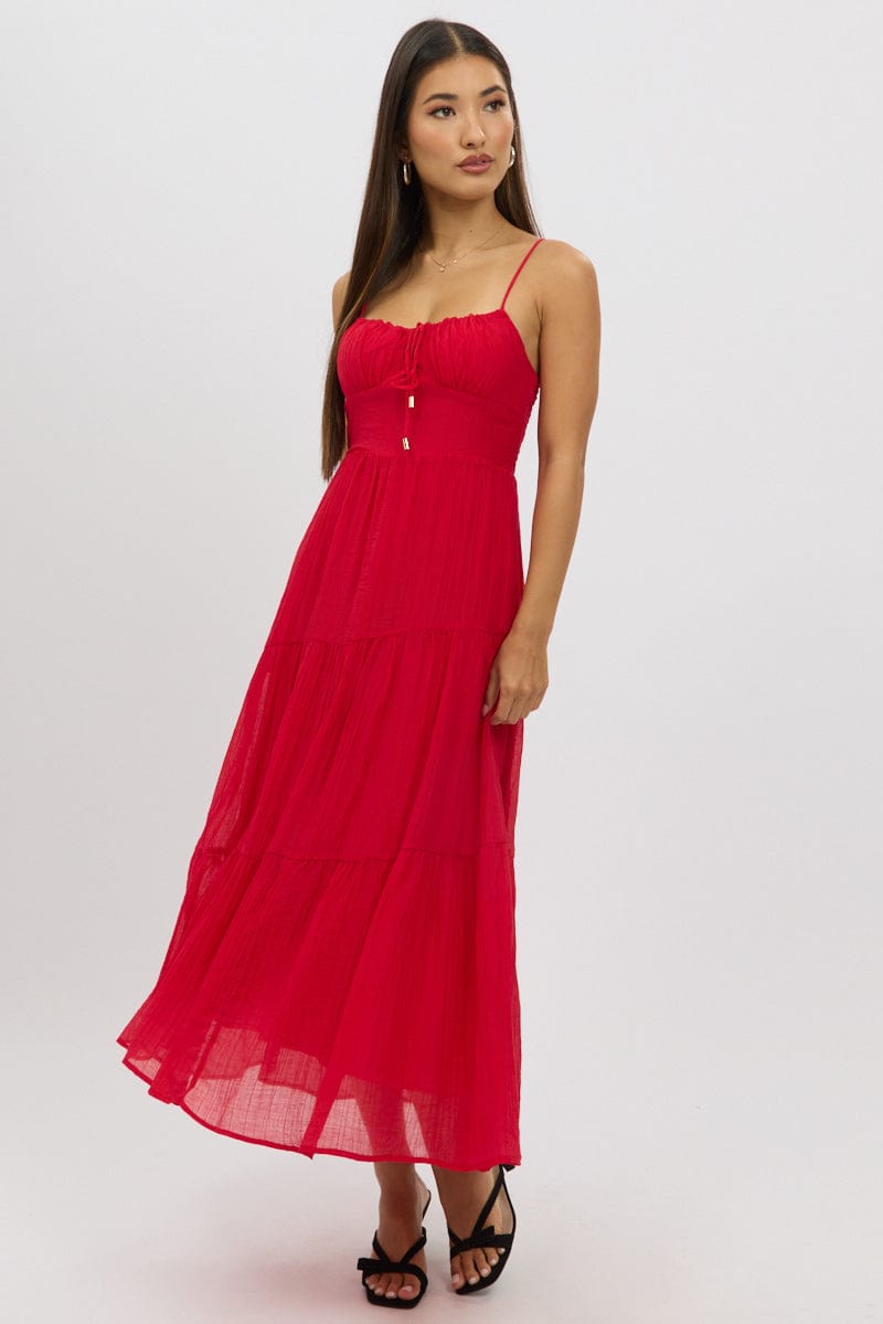Red Midi Dress Tiered Strappy