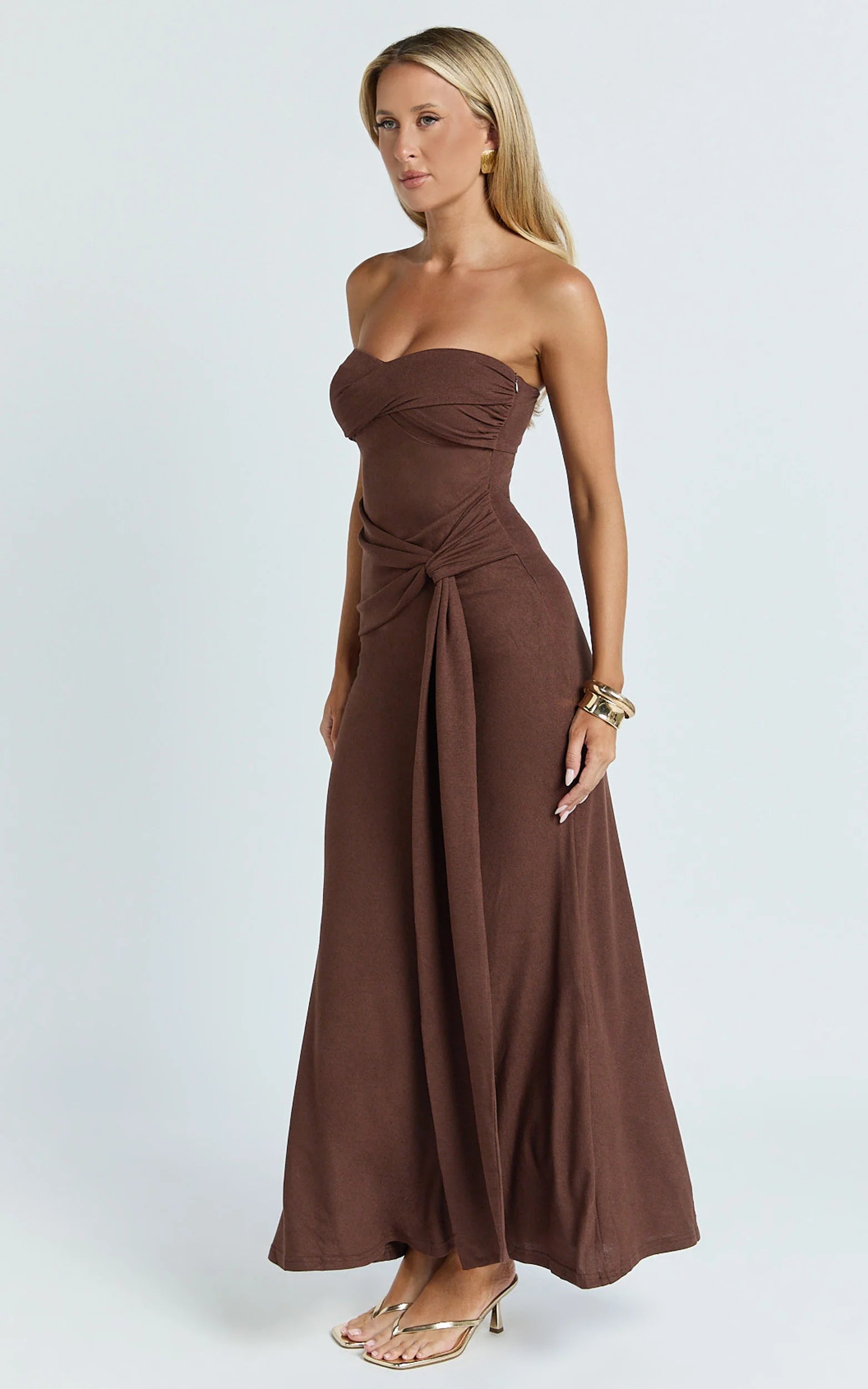 Aria Maxi Dress - Strapless Tie Waist Dress in Chocolate