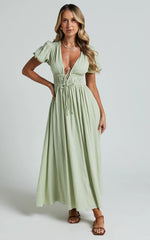 Matteo Midi Dress - Deep V Neck Puff Sleeve Dress in Sage