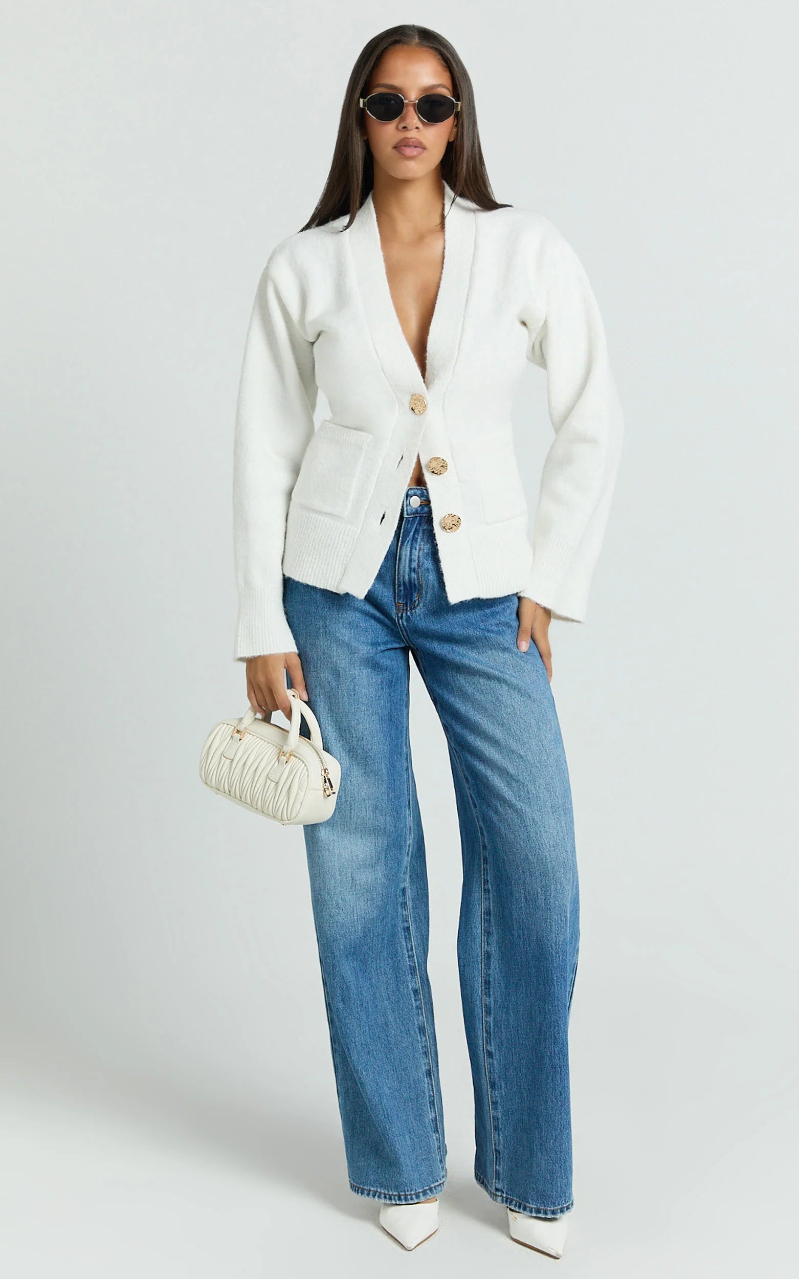 Nerissa Cardigan - V Neck Recycled Knit Contoured Cardigan in Cream