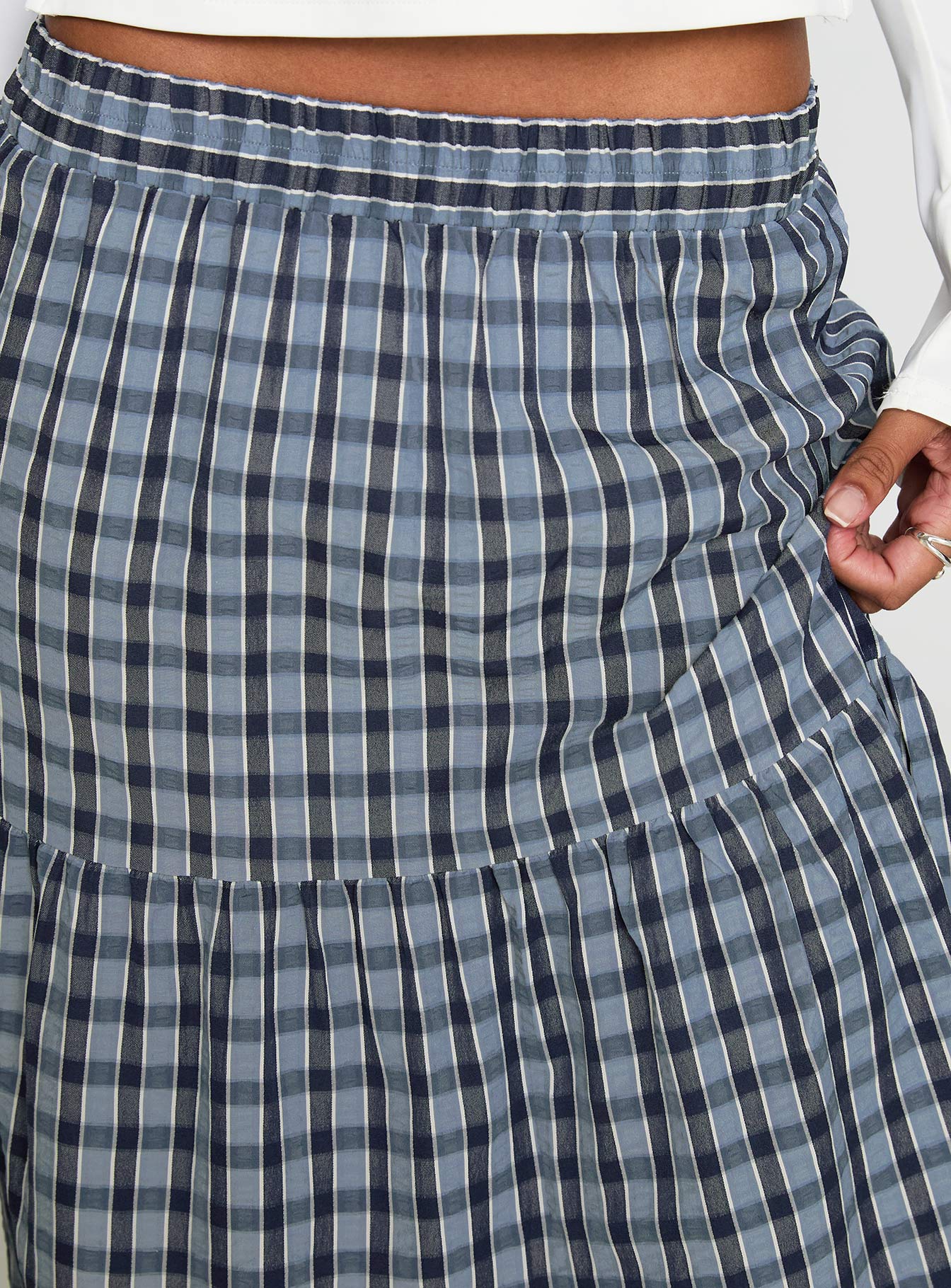Rockwell Tiered Midi Skirt Navy Check