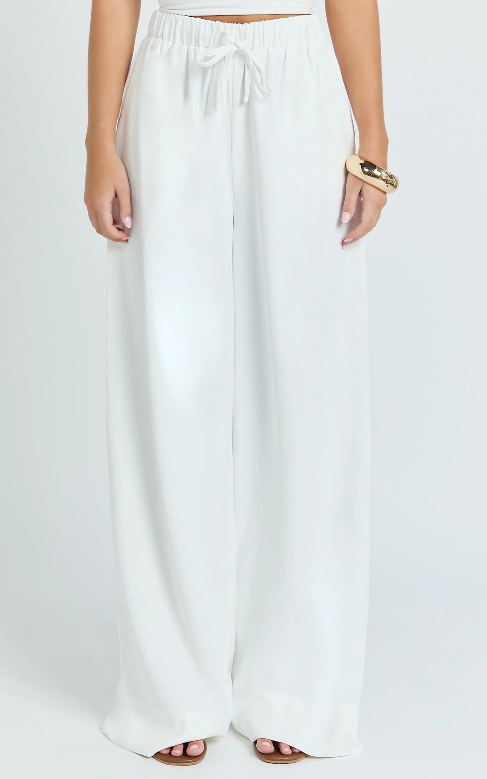 Nicole Pants - High Waist Elasticated Gathered Waist Wide Leg Pants in White