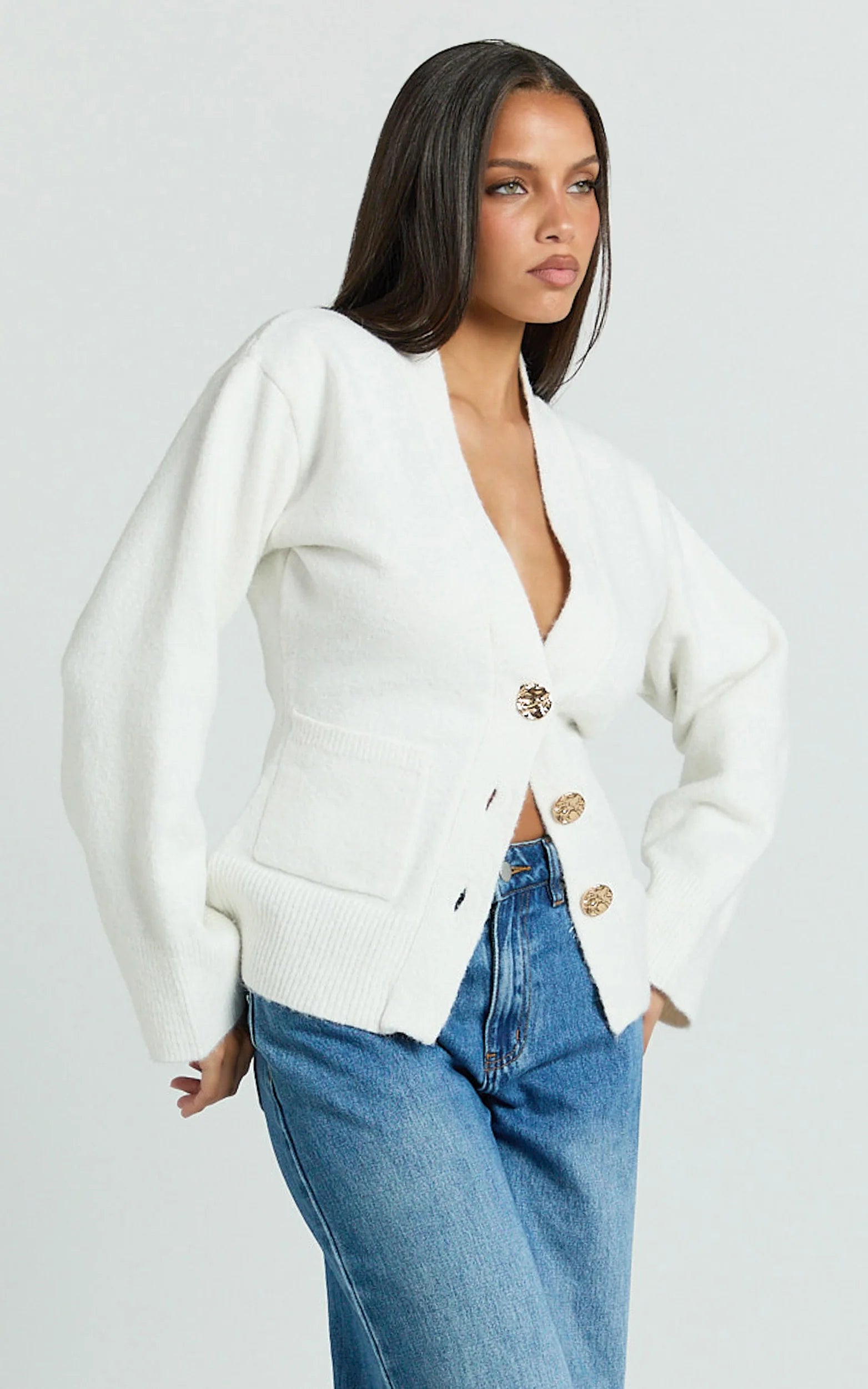 Nerissa Cardigan - V Neck Recycled Knit Contoured Cardigan in Cream