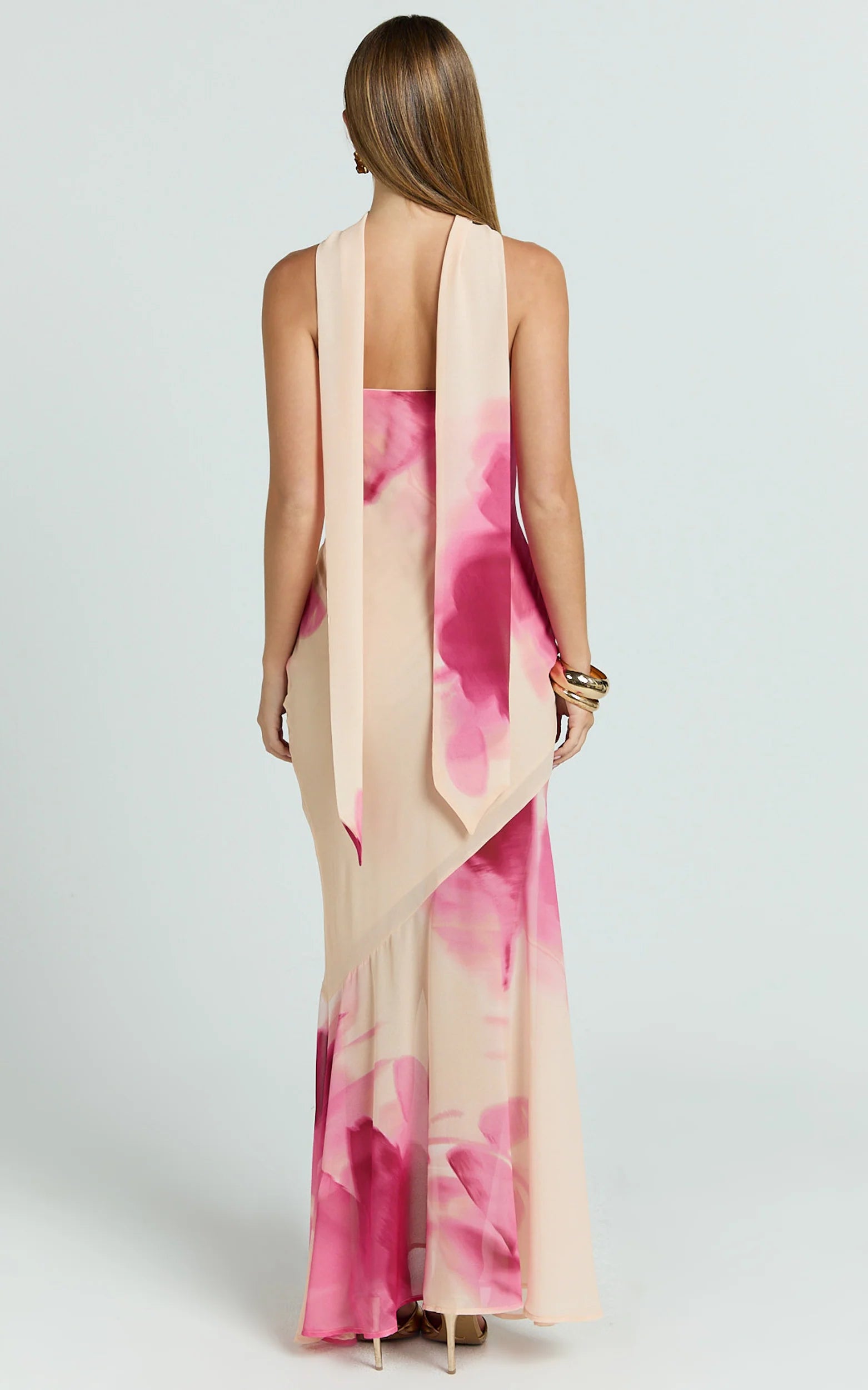 Angie Maxi Dress - Strapless Bias Column Dress with Scarf in Electric Bloom Lemon