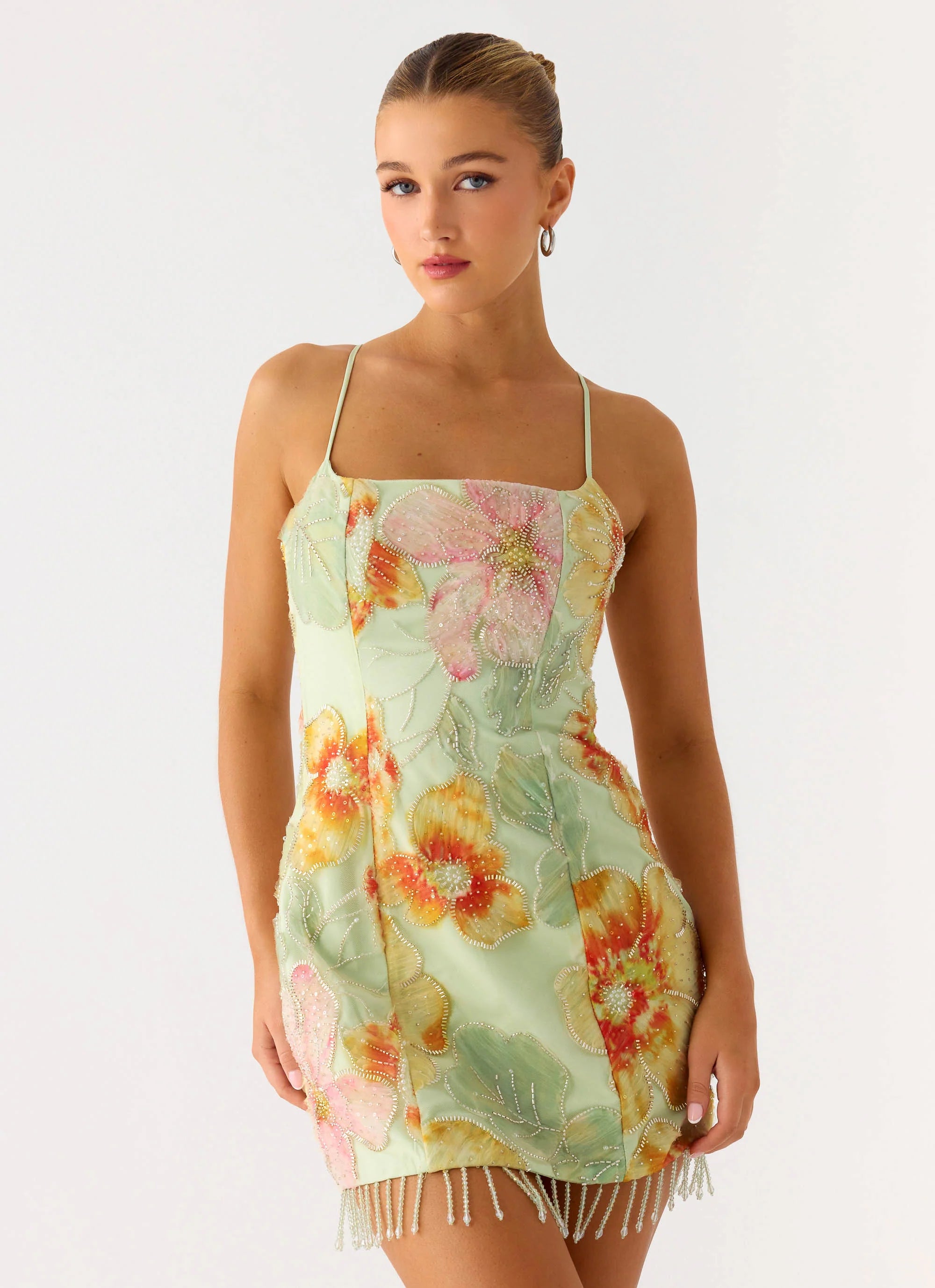 Gatiana Beaded Sequin Mini Dress - Green Floral Beaded