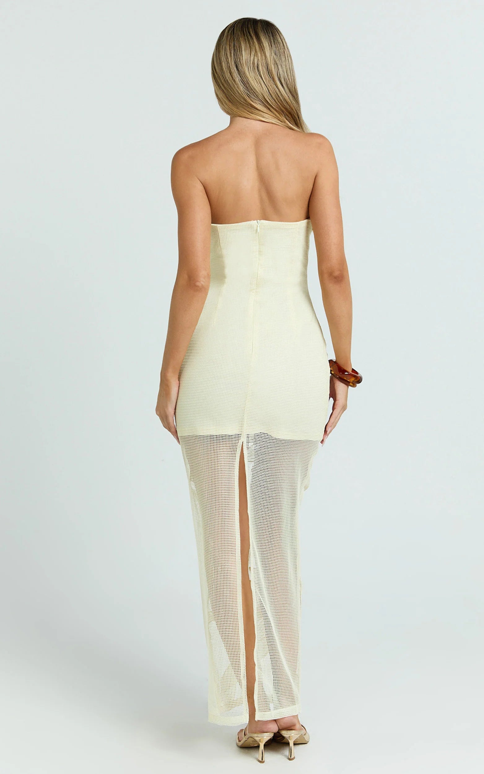 Sienna Midi Dress - Strapless Floral Embroidered Bodycon Dress in Lemon