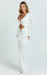 Dakota Maxi Dress - Long Sleeve V Neck Bodycon Dress in Cream