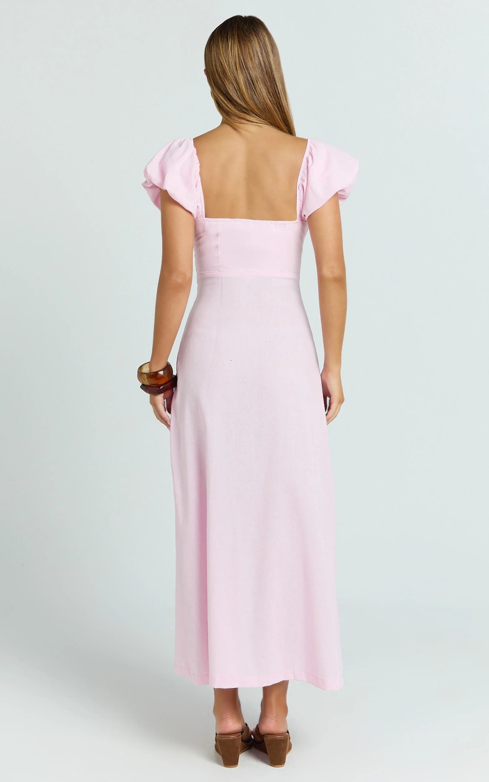 Welmina Midi Dress - Short Sleeve Placket Front Dress in Pale Pink