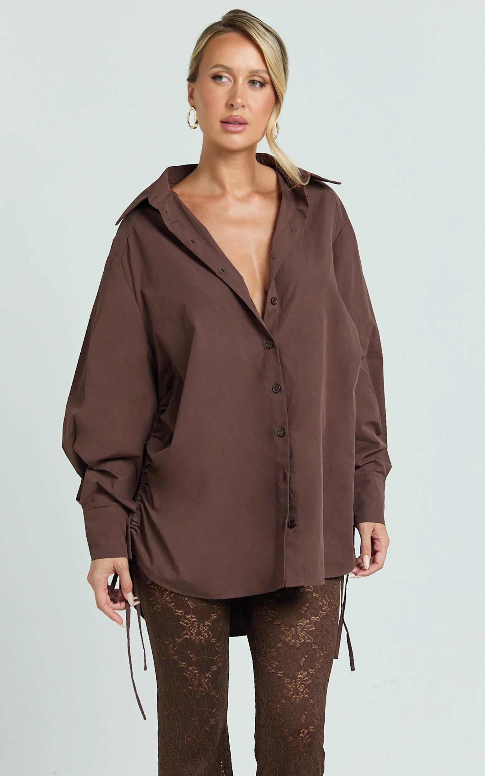 Kalpena Shirt - Ruched Side Oversized Shirt in Chocolate