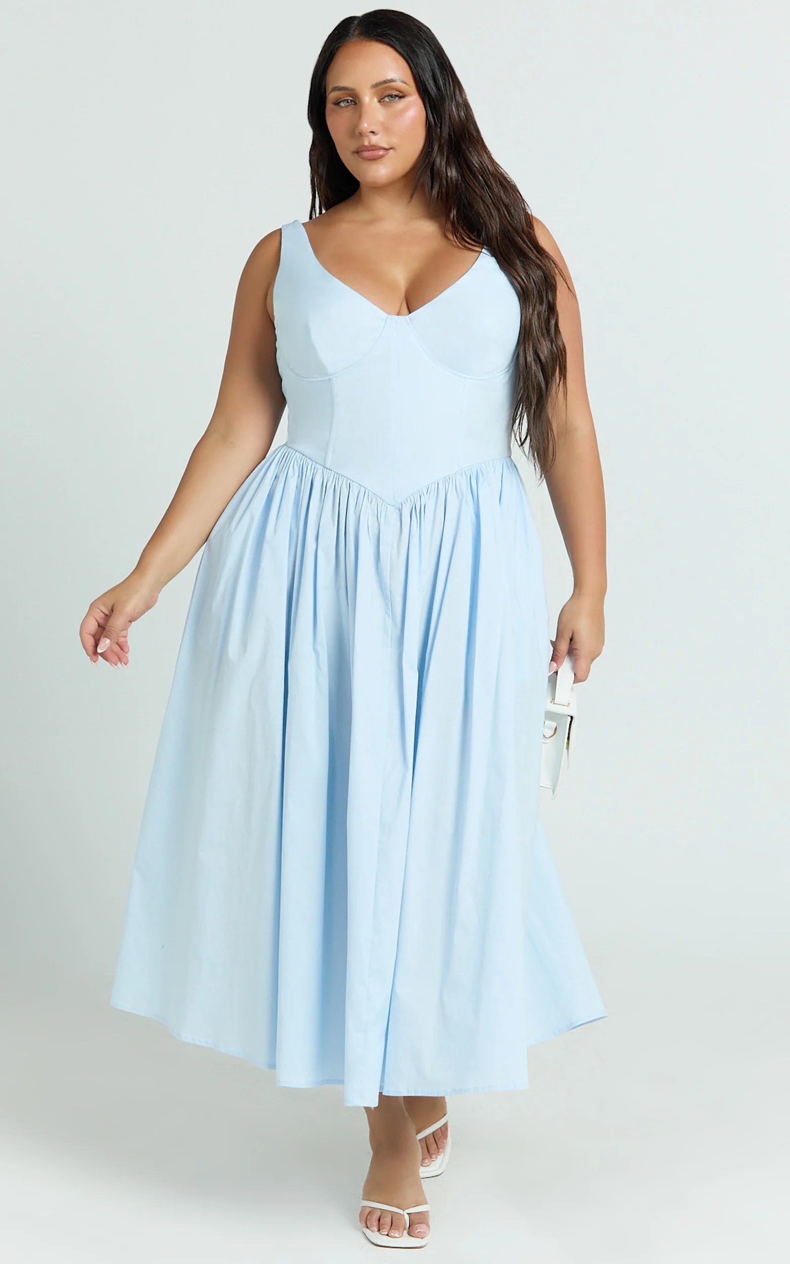 Beckett Midi Dress - Scoop Neck Drop V Waist Gathered Skirt Dress in Blue